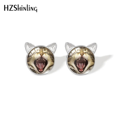 Lovely Cat Face Stud Earrings | Handmade Glass Dome Photo Printed Jewelry for Women