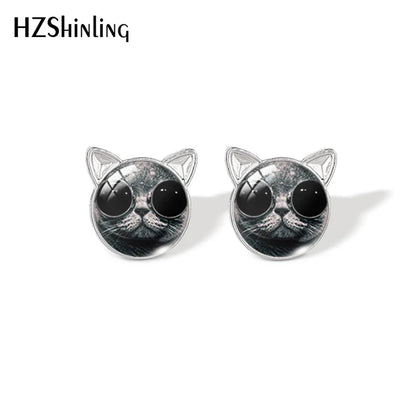 Lovely Cat Face Stud Earrings | Handmade Glass Dome Photo Printed Jewelry for Women