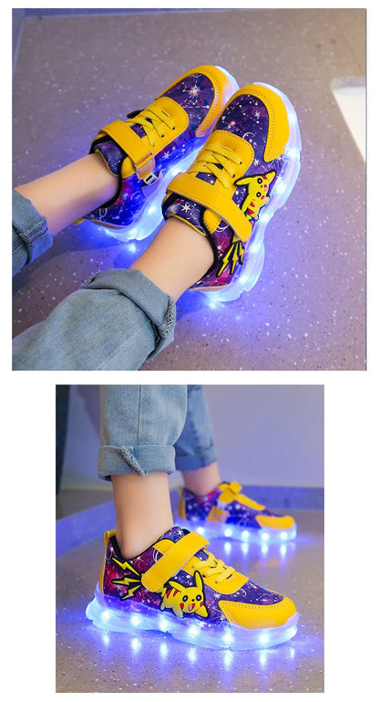Kid’s Casual Shoes Boys Rechargeable Cartoon PU Leather Spring Fashion Flat Bottom Anti-slip Sneakers Yellow Size 25-36