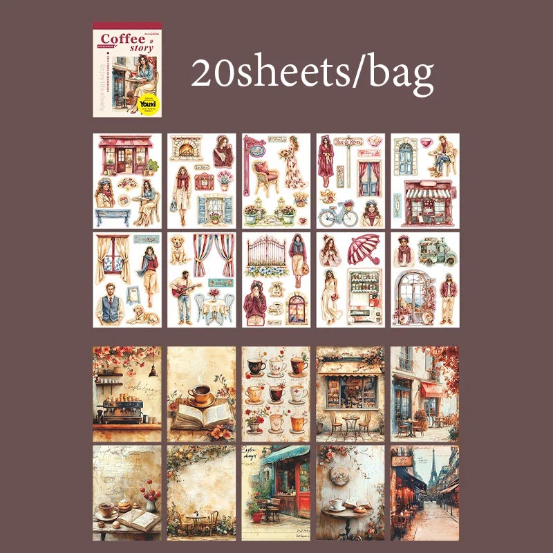Coffee Sticker Book for DIY Scrapbooking | 20pcs Cafe Story Series