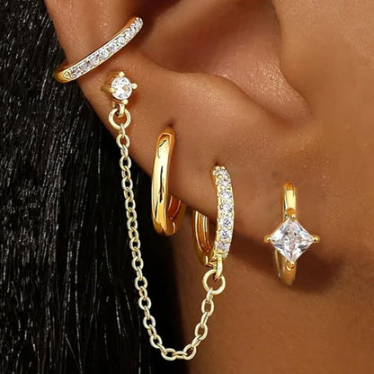 4PC Chain Huggie Earring Set | Flower Tragus Hoop Earrings for Women