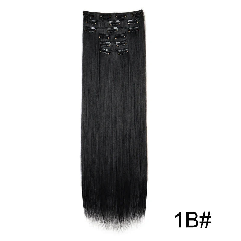 Synthetic 24 Inch Clip In Hair Extensions | Long Straight Blonde Black Heat Resistant Daily Use