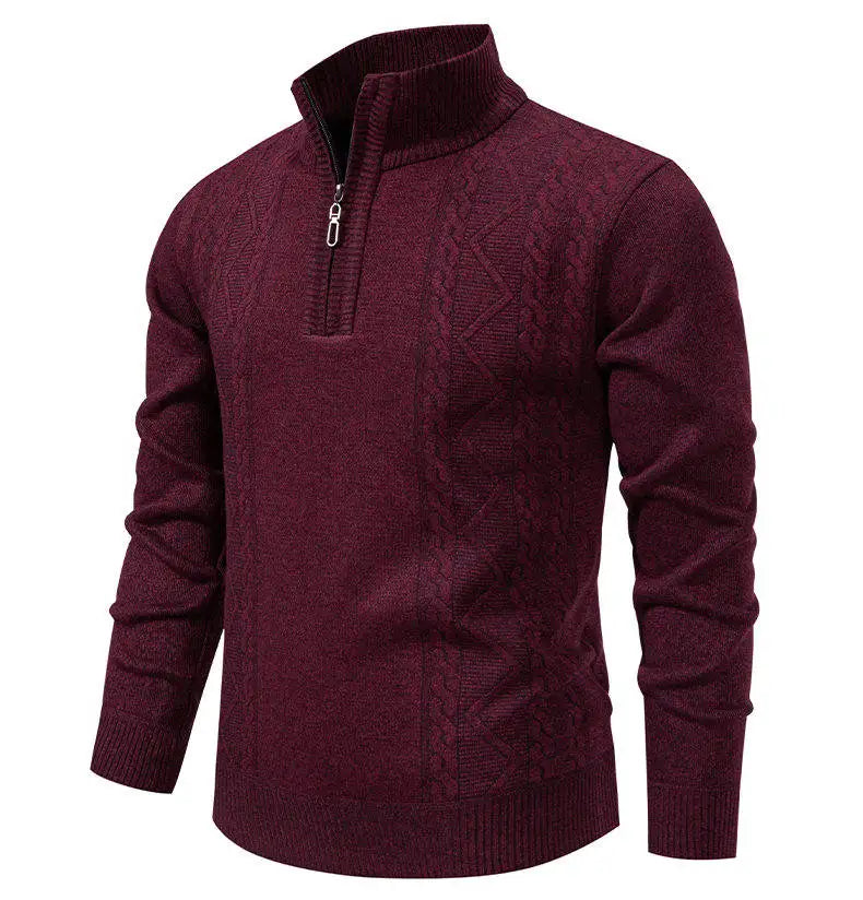 Winter Fleece-Lined Stand Collar Half-Zip Pullover Knitted Sweater for Men,Multi-Color Versatile Casual  Men's Knit Sweater
