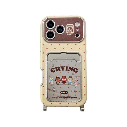 Kawaii Cartoon Cry Girls Card Holder Phone Case For iPhone 16 Pro 14 15 17 Pro Max Cover with Hand Rope Cute Protective Cases