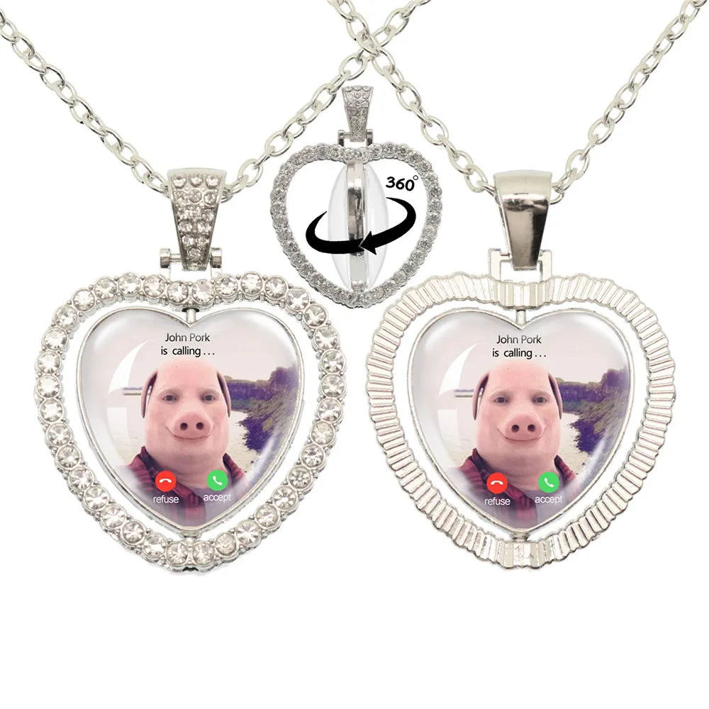 John Pork Is Calling Answer Phone Humor Funny Pig Lover Heart Pendant Necklace | Funny Gift Jewelry