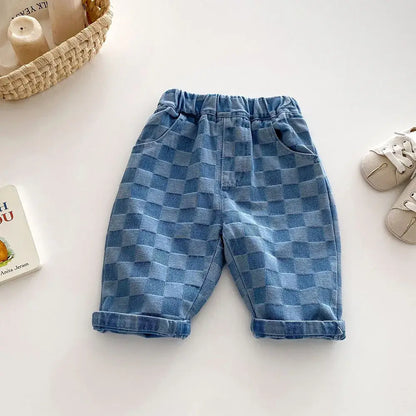 2026 Spring New 1-5Y Children Jeans Boys Denim Pants Mid Waist Girls Trousers Fashion Kids Plaid Pants