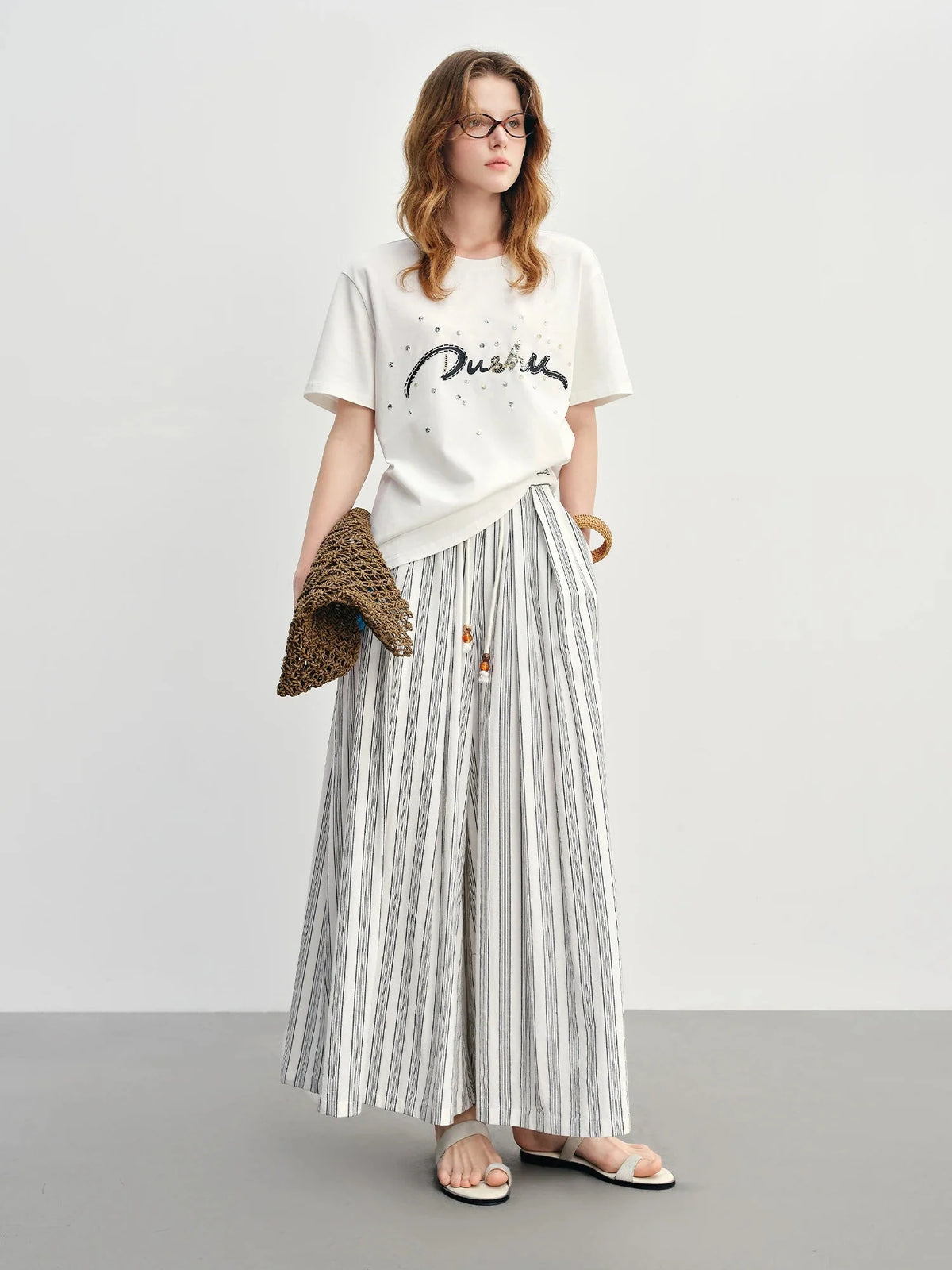 Cotton-Linen Wide Leg Pants Striped Resort Wear