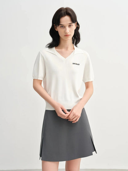 Collared Knit Top Breathable Summer Casual Style