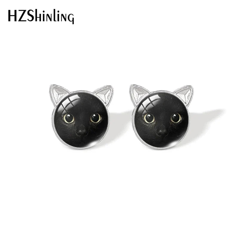 Lovely Cat Face Stud Earrings | Handmade Glass Dome Photo Printed Jewelry for Women
