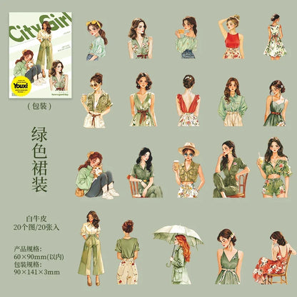 20pcs Fashion Girl Wear Stickers Set | Trendy Character Decals for Laptop Scrapbooking Diary DIY Collage Junk Journal