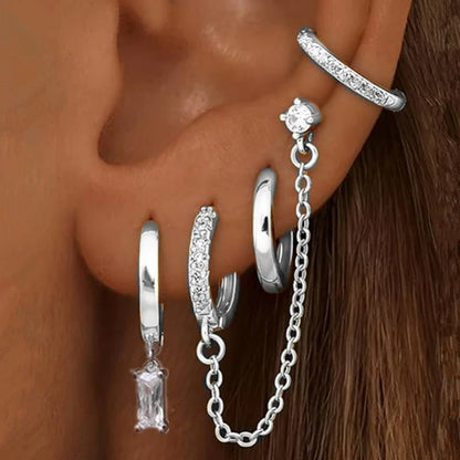 4PC Chain Huggie Earring Set | Flower Tragus Hoop Earrings for Women