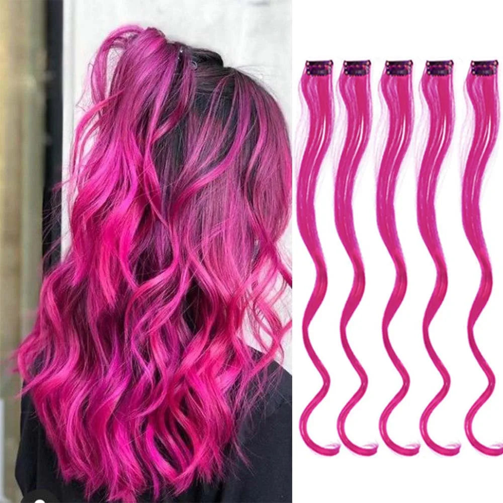 18 Inch Curly Clip In Hair Extensions Set | Colorful Highlight Synthetic Hairpieces