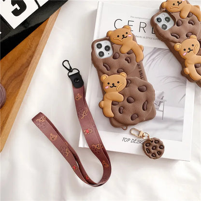 Cute Cartoon Cookie Bear Lanyard Phone Case For iPhone 16 15 14 13 12 11 Pro Max X XR XS 6 7 8 Plus Shockproof Protective Cover