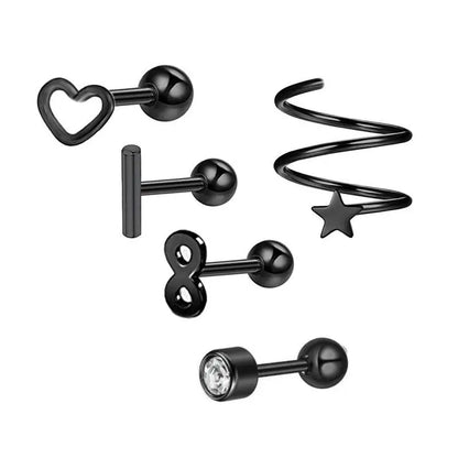 5PCS Heart Tragus Piercing Stud Earring Set | Small Lobe Stud Earrings Cartilage Piercing Helix Jewelry Barbell Stud Piercing Lot