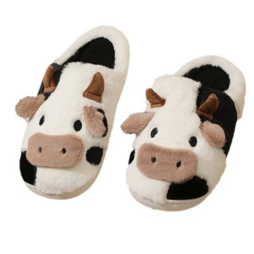 Winter Home Slippers for Couples Warm Plush Neutral Cartoon Cow Indoor Anti Slip Comfortable Cotton Slippers for Men and Women