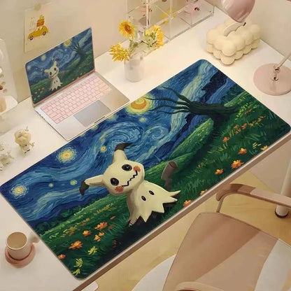 Cute Psyduck Gaming Leather Mouse Pad PC Pikachu Large Size Gamer Keyboard Pokemon Desktop Mouse Mat Starry Night Tablecloth
