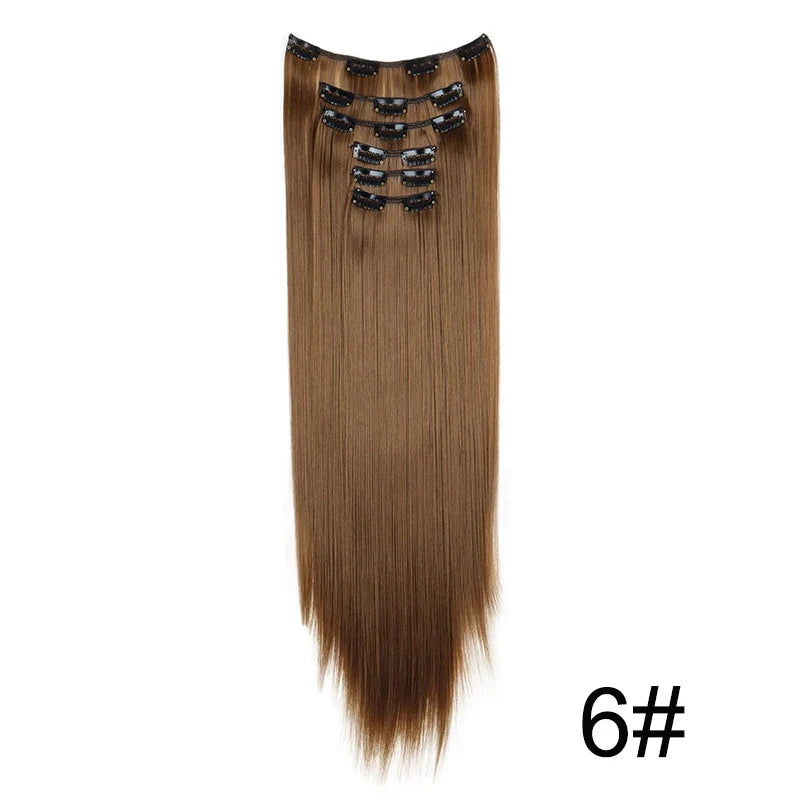 Synthetic 24 Inch Clip In Hair Extensions | Long Straight Blonde Black Heat Resistant Daily Use
