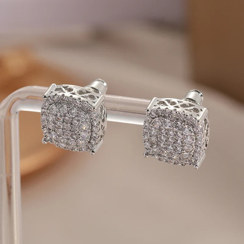 Square Cubic Zirconia Stud Earrings | Vintage Style for Women and Men