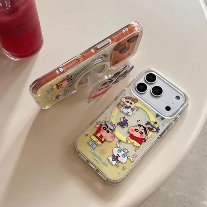 Cute Crayon Shin-chan Magsafe Wireless Charge Case For iPhone 13 14 15 16 17 Pro Max Cartoon Superman Shin-chan Magnetic Stand