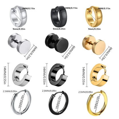 Unisex Punk Black Stainless Steel Hoop Earrings | Gothic Fake Earring Set