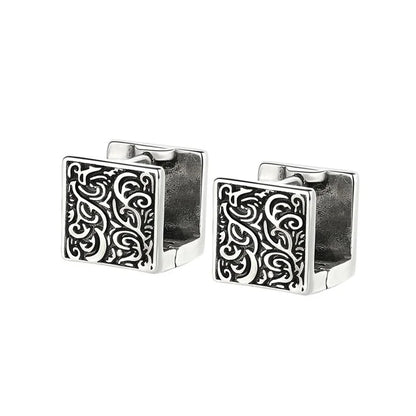Vintage Ethnic Square Hoop Huggie Earrings | Unisex Geometric Silver-Tone Earrings