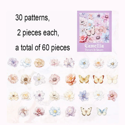 60 Pieces Plant Flower Pattern PET Stickers | Beautifully Decorated Scrapbook Stickers for School Supplies