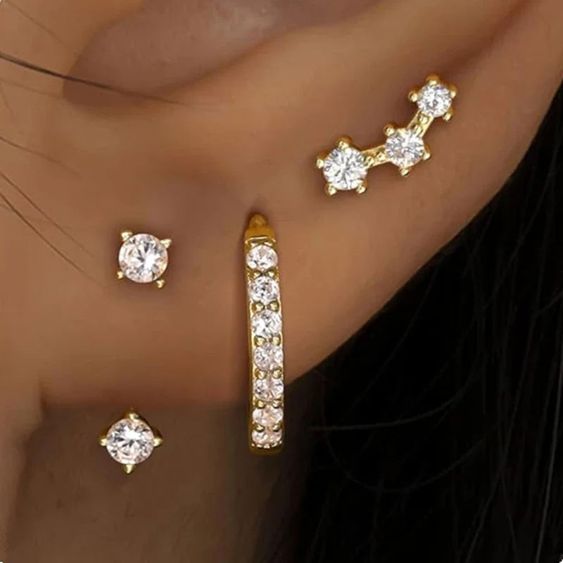 3Pcs Double Crystal Tragus Earring Floral Set | Cartilage Helix Stud Earrings Bulk Lobe Hoop Earring Lot Women Fashion Jewelry Gift