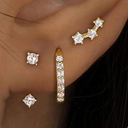 3Pcs Double Crystal Tragus Earring Floral Set | Cartilage Helix Stud Earrings Bulk Lobe Hoop Earring Lot Women Fashion Jewelry Gift