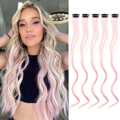 18 Inch Curly Clip In Hair Extensions Set | Colorful Highlight Synthetic Hairpieces