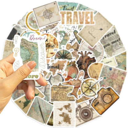 50 Pcs Travel Clock Map Graffiti Stickers | Waterproof Decals for Bike Laptop Pencil Case