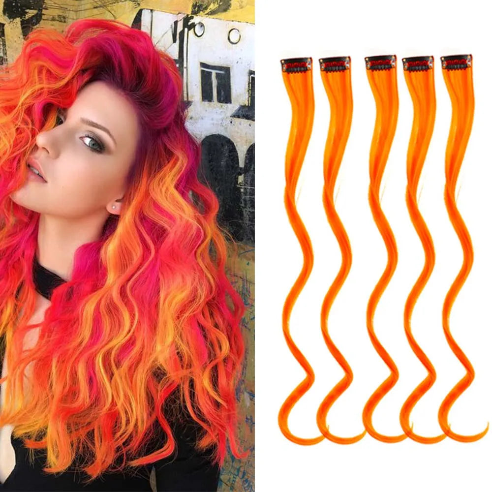 18 Inch Curly Clip In Hair Extensions Set | Colorful Highlight Synthetic Hairpieces