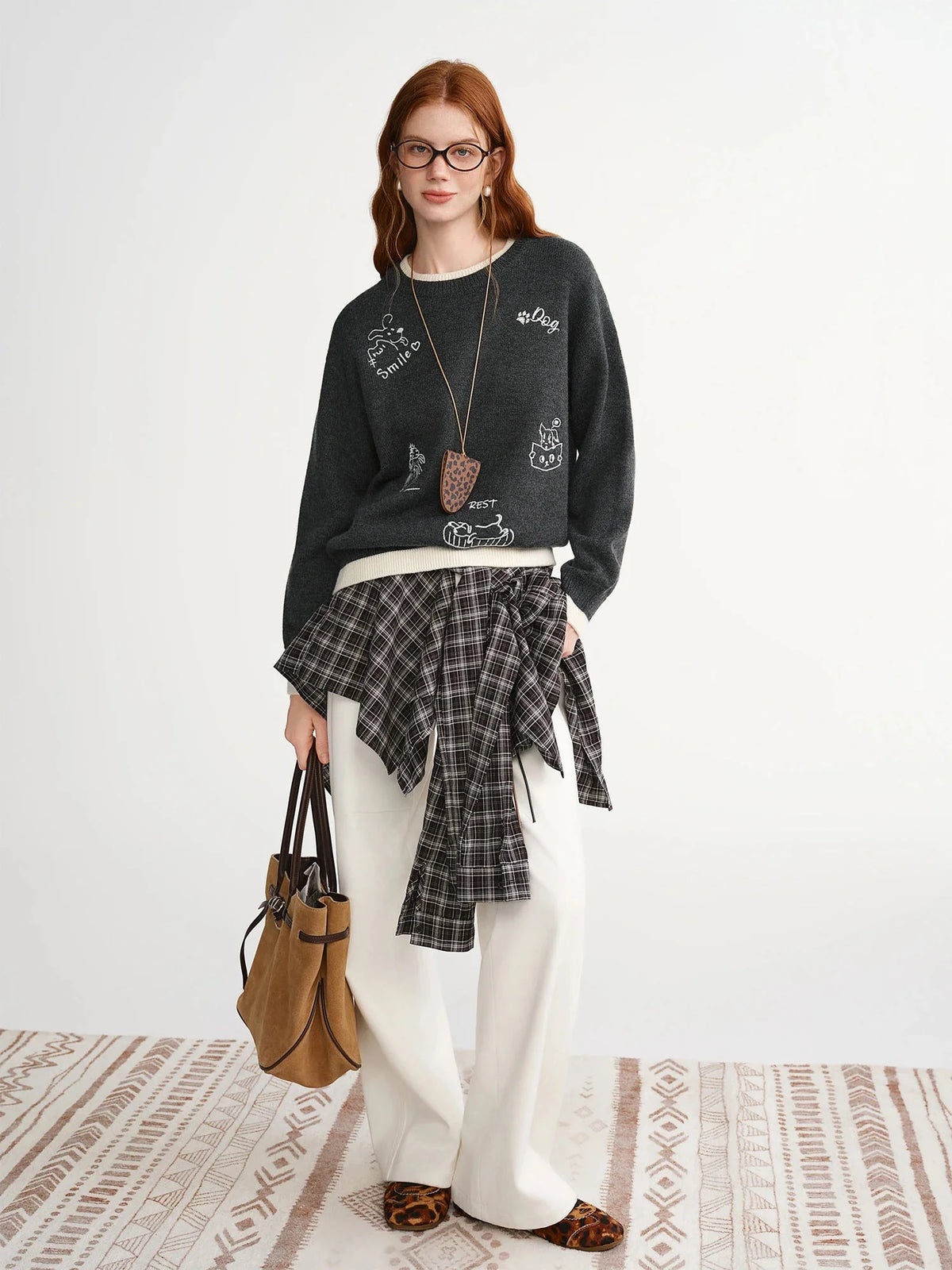 Plus Size Embroidered Round Neck Sweater Cute Winter Knit