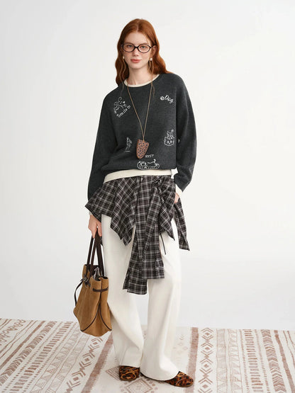 Plus Size Embroidered Round Neck Sweater Cute Winter Knit