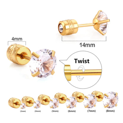 LUXUSTEEL Stainless Steel Round Cubic Zirconia Stud Earrings | Silver Screw-Back Earrings for Women