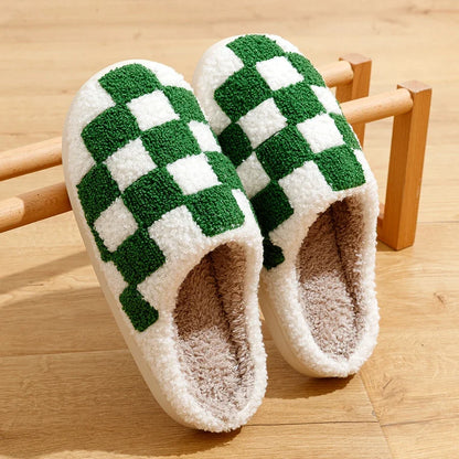 New Fuzzy Slippers Fashion Checker Indoor Embroidery Houseshoes Cozy Woman Winter Fluffy House Retro Checkered Print Shoes
