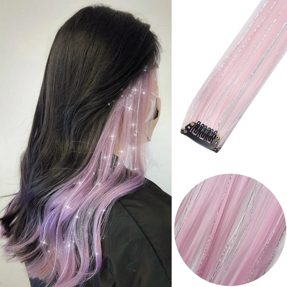 Clip in Hair Extensions 6pcs/pack Colored Party Highlights 22 inches Multi-colors Straight Hair Synthetic Hairpieces Purple Pink