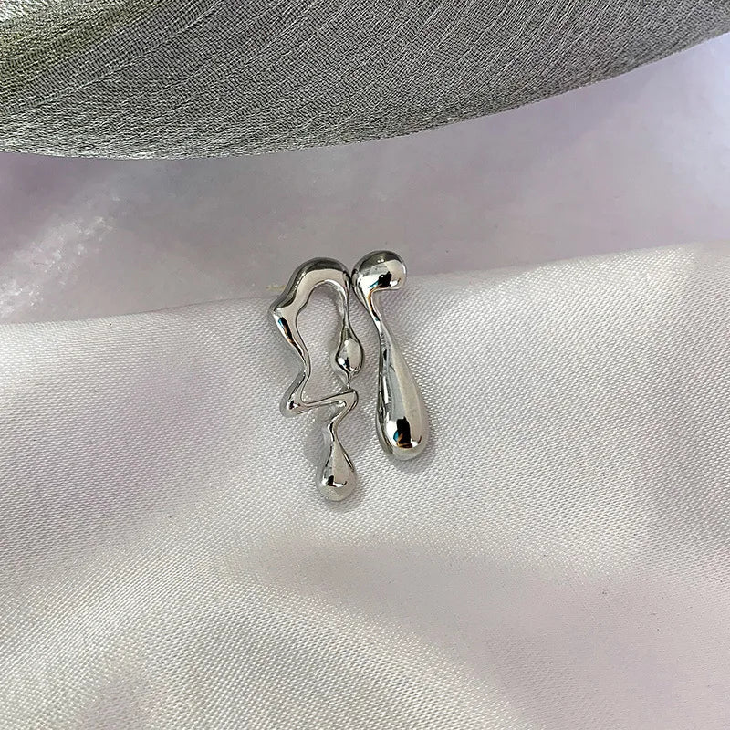 Liquid Metal Geometric Zircon Stud Earrings | Asymmetrical Jewelry for Women and Men