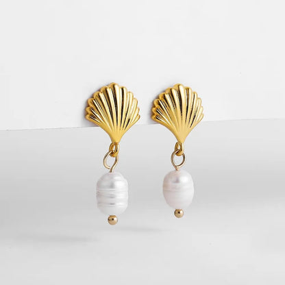 Vintage Gold Snail Shell Drop Earrings | CZ Zircon Beach Jewelry for Women