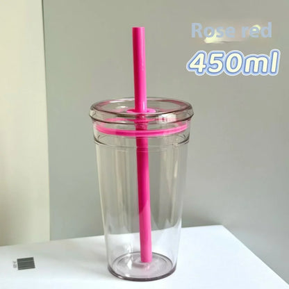 450ml Korean Style Straw Cup | Transparent Multi-Color Plastic Coffee Cup
