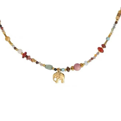 French Retro Natural Stone Pendant Necklace | Elegant Elephant Jewelry for Women