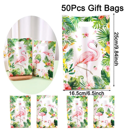 Tropical Hawaiian Party Tablecloth and Flamingo Decor Set | Plastic Table Runner and Candy Bags