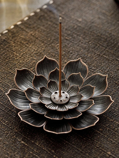 2in1 Alloy Incense Burner | Metal Sandalwood Stick Holder with Zen Lotus Design