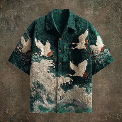 Embossed Flying Crane and Wave Printing Casual Short Sleeved Shirt