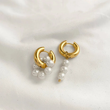 Trendy Asymmetry Pearl Drop Earrings | Stainless Steel Huggie Hoops for Women