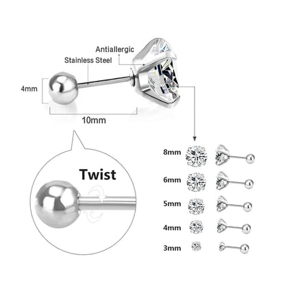 LUXUSTEEL Stainless Steel Round Cubic Zirconia Stud Earrings | Silver Screw-Back Earrings for Women
