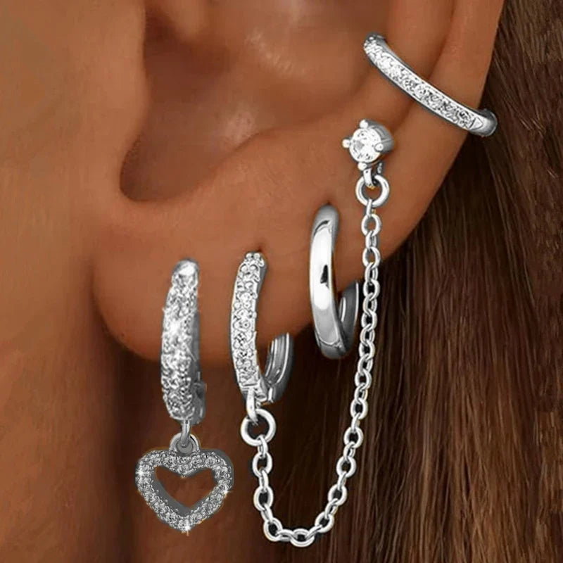 4PC Chain Huggie Earring Set | Flower Tragus Hoop Earrings for Women