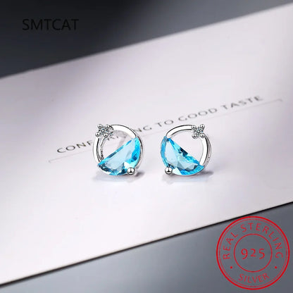 Half Round Natural Sky London Blue Topaz 925 Sterling Silver Spring Water Stud Earrings | Women's Fine Gemstone Jewelry