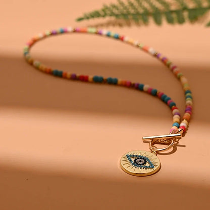 4mm Colorful Stone Choker Necklace for Women | Round Evil Charm Pendant