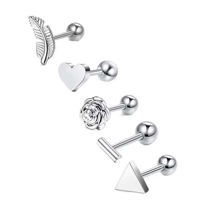 5PCS Heart Tragus Piercing Stud Earring Set | Small Lobe Stud Earrings Cartilage Piercing Helix Jewelry Barbell Stud Piercing Lot
