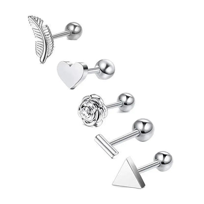 5PCS Heart Tragus Piercing Stud Earring Set | Small Lobe Stud Earrings Cartilage Piercing Helix Jewelry Barbell Stud Piercing Lot
